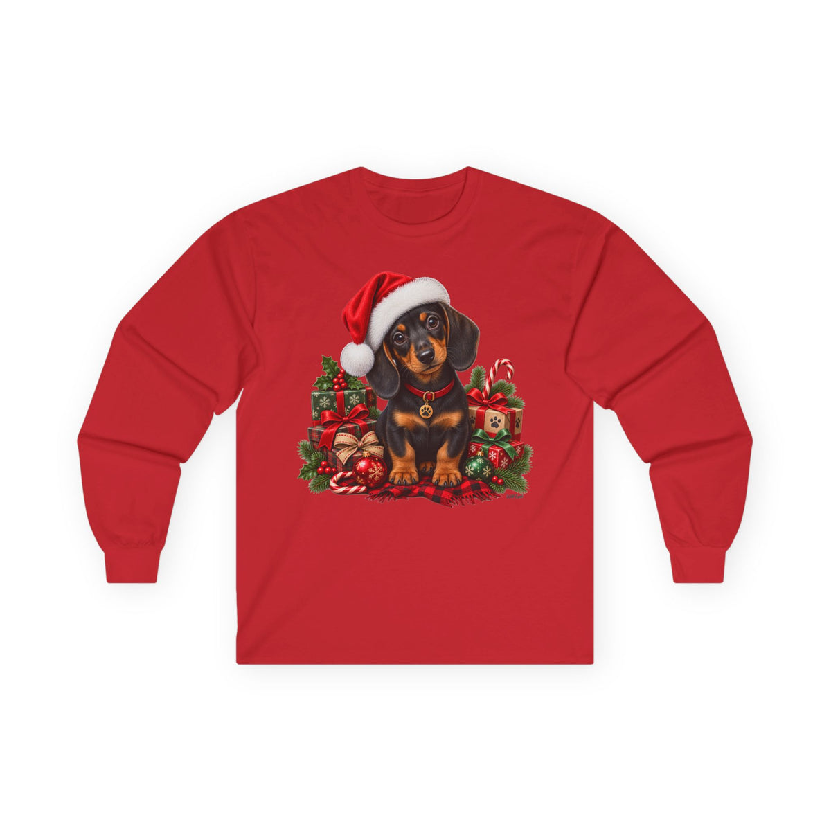 Dachshund Christmas Long Sleeve Tee - Santa Hat Puppy Holiday Shirt