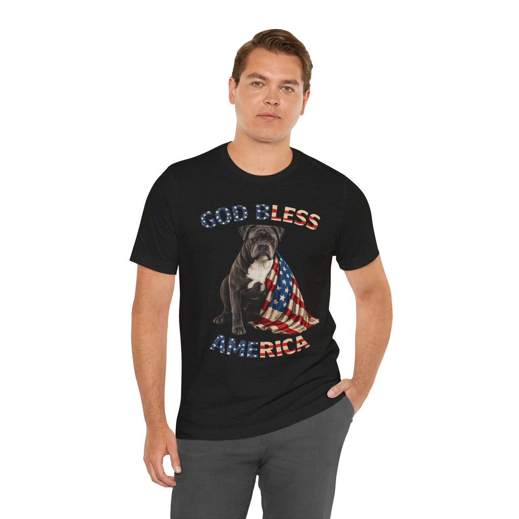 Patriotic Bulldog Tee – "God Bless America" USA Flag Dog T-Shirt