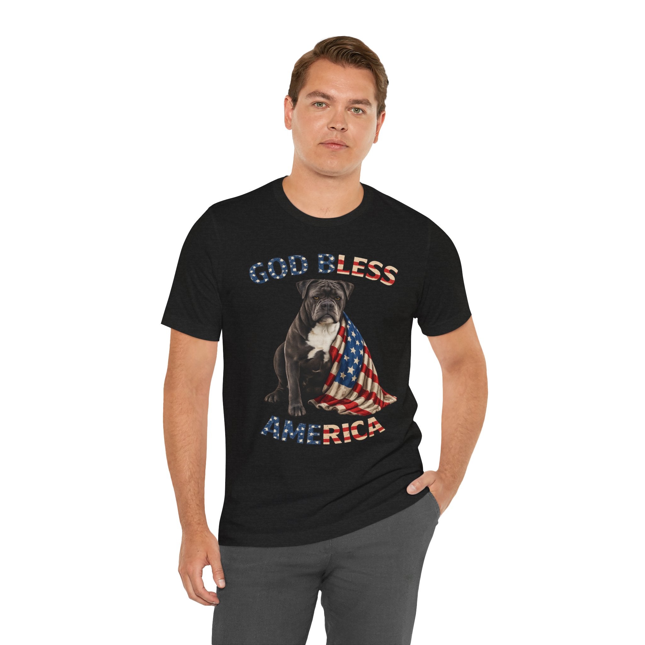 Patriotic Bulldog Tee – "God Bless America" USA Flag Dog T-Shirt