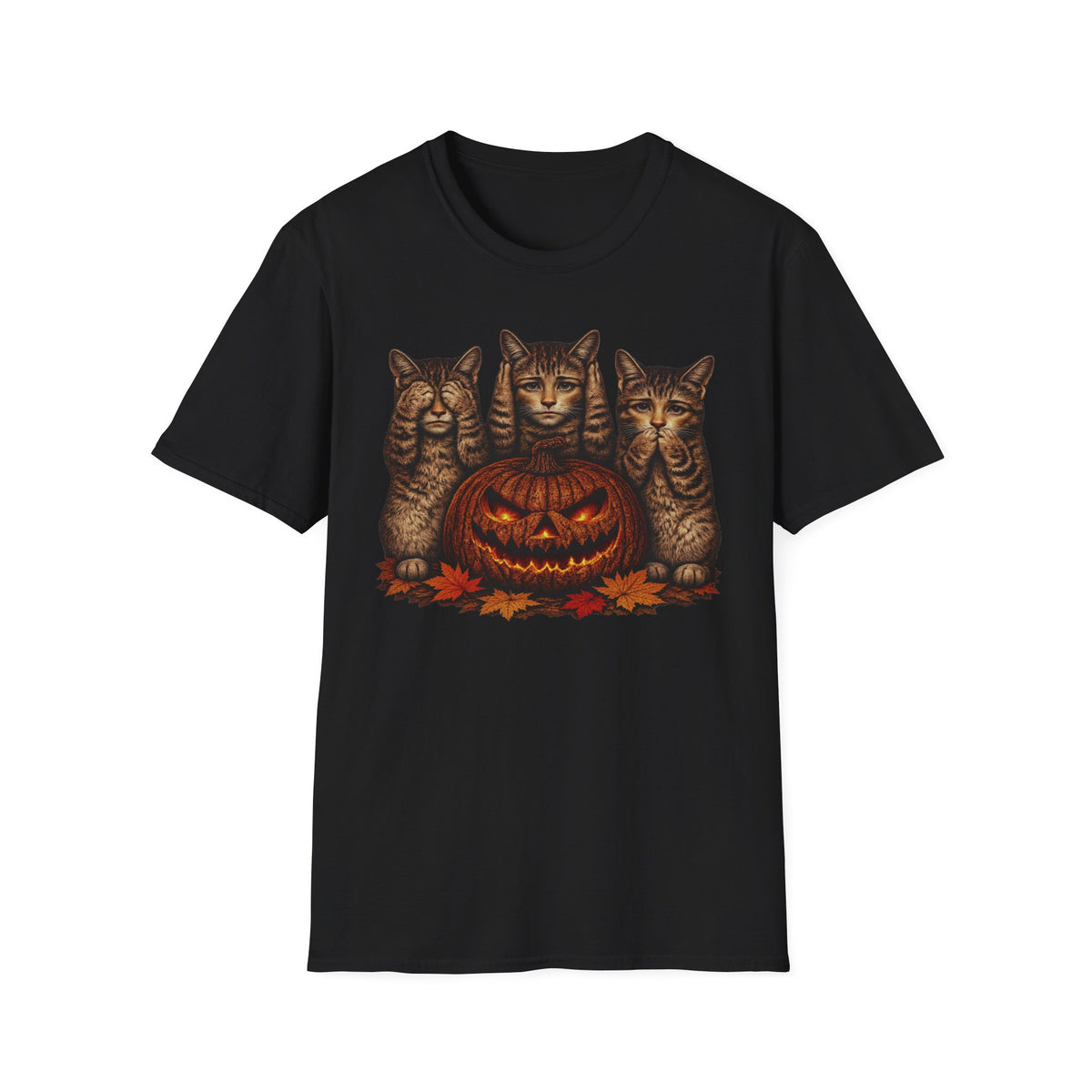 No Evil... Anthropomorphic Cat Pumpkin T-Shirt — Three Spooky Cats with Jack-O'-Lantern