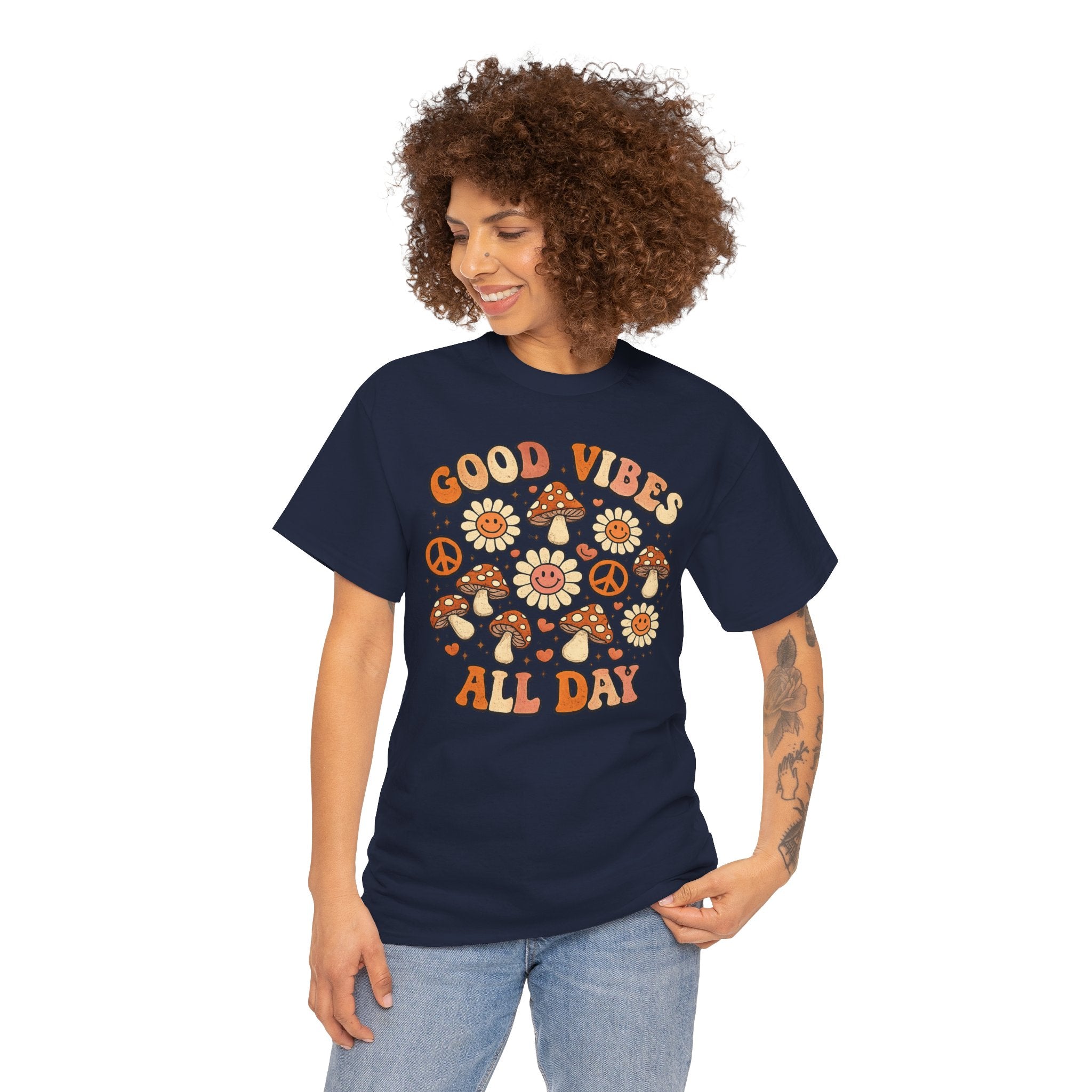 Boho-Good Vibes All Day T-Shirt — Retro Mushroom & Daisy Graphic Tee