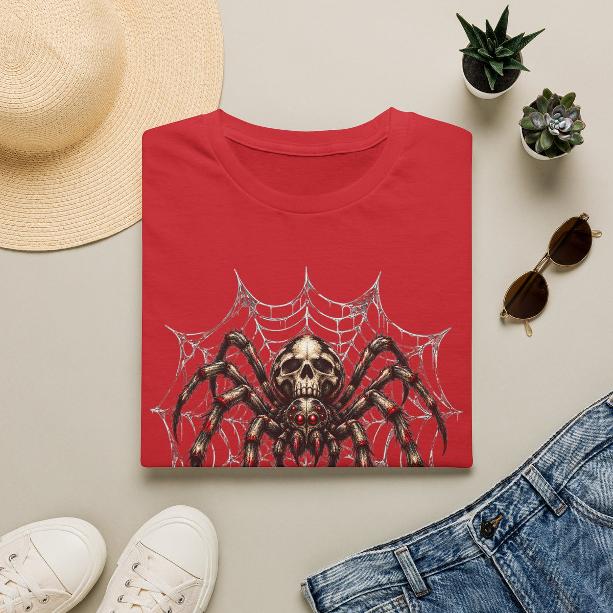 Skull Spider Web Graphic T-Shirt — Gothic Horror Halloween Tee