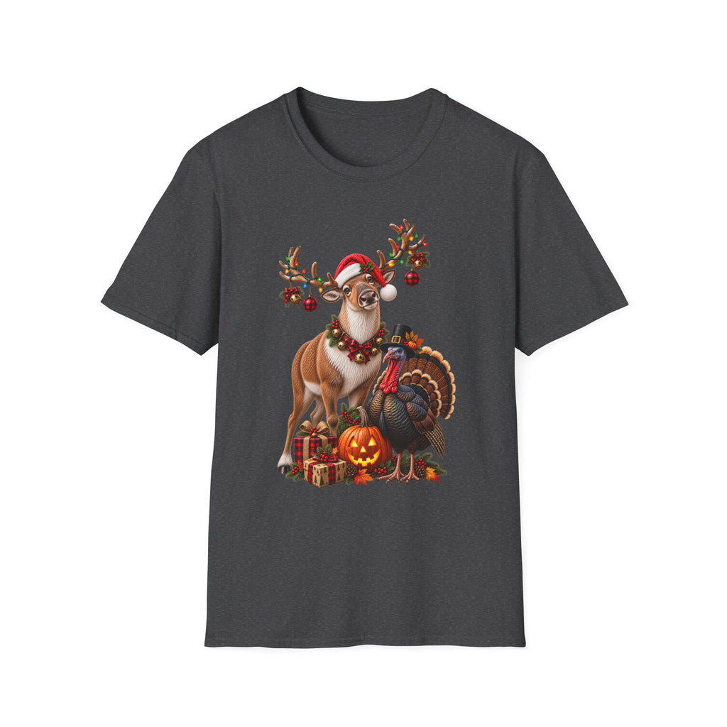 Three Holidays-One Shirt - Christmas Reindeer ,Turkey & Jack O Lantern Graphic T‑Shirt