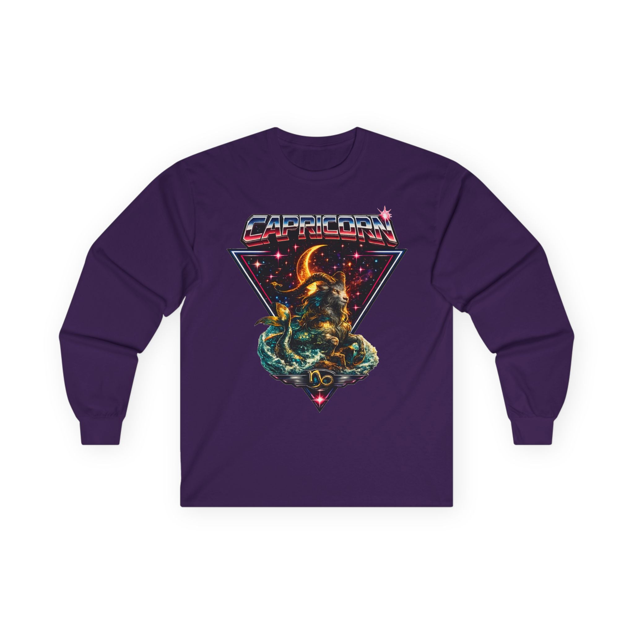 Capricorn Retro Zodiac Long Sleeve Tee-Vintage 80s Celestial Sea-Goat Design