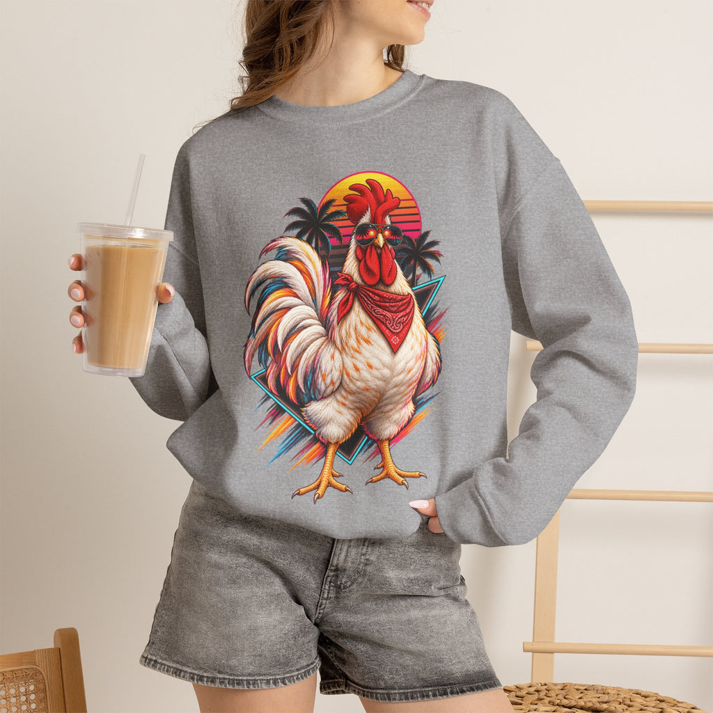 Rooster Sunset Crewneck Sweatshirt — Tropical Farm Rooster Graphic