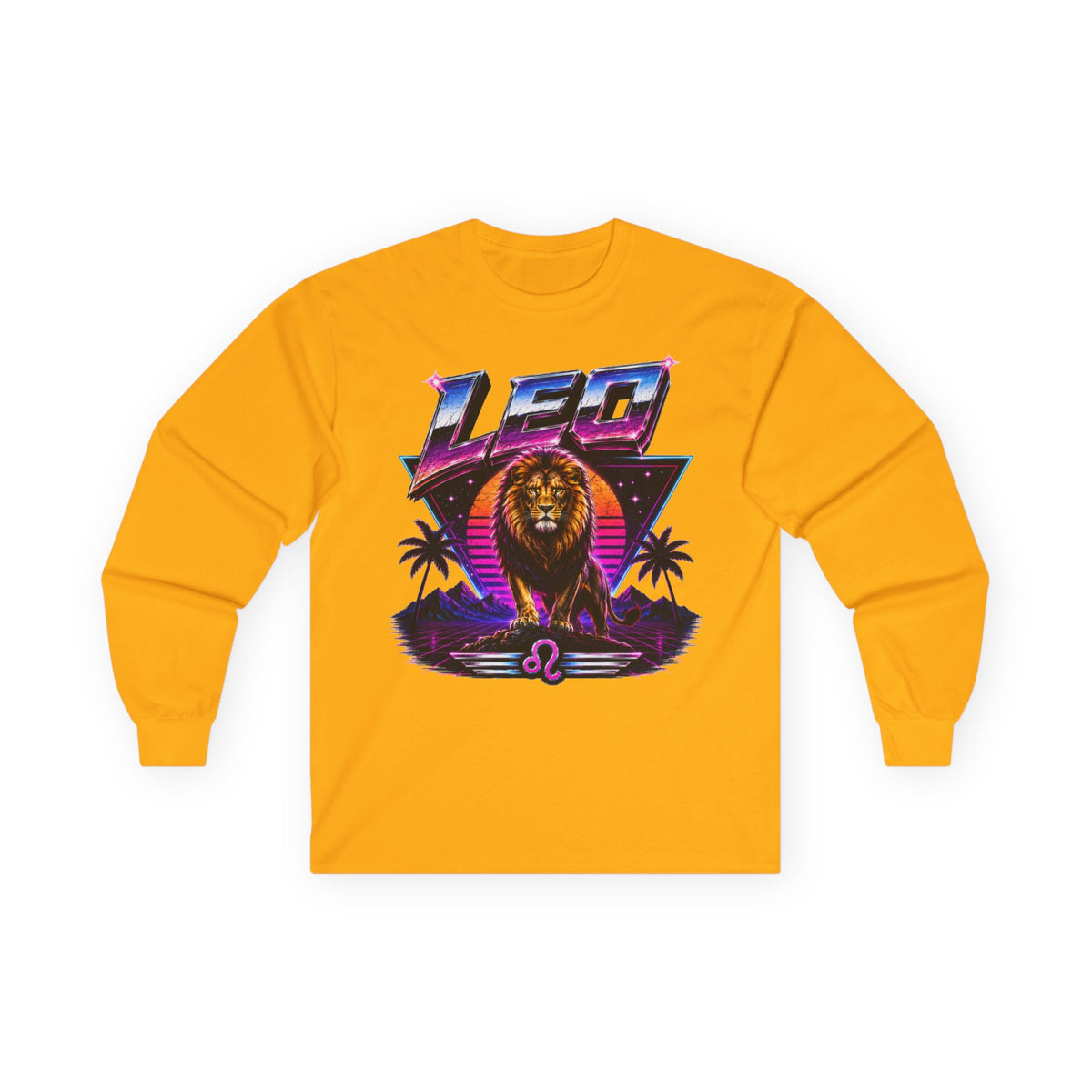 Leo Zodiac Lion Long Sleeve Tee — Retro Sunset Astrology Shirt