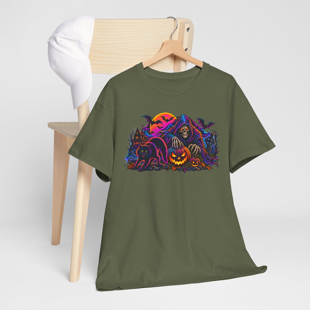 Halloween Grim Reaper Jack-O'-Lantern Tee — Retro Neon Spooky Skull Shirt