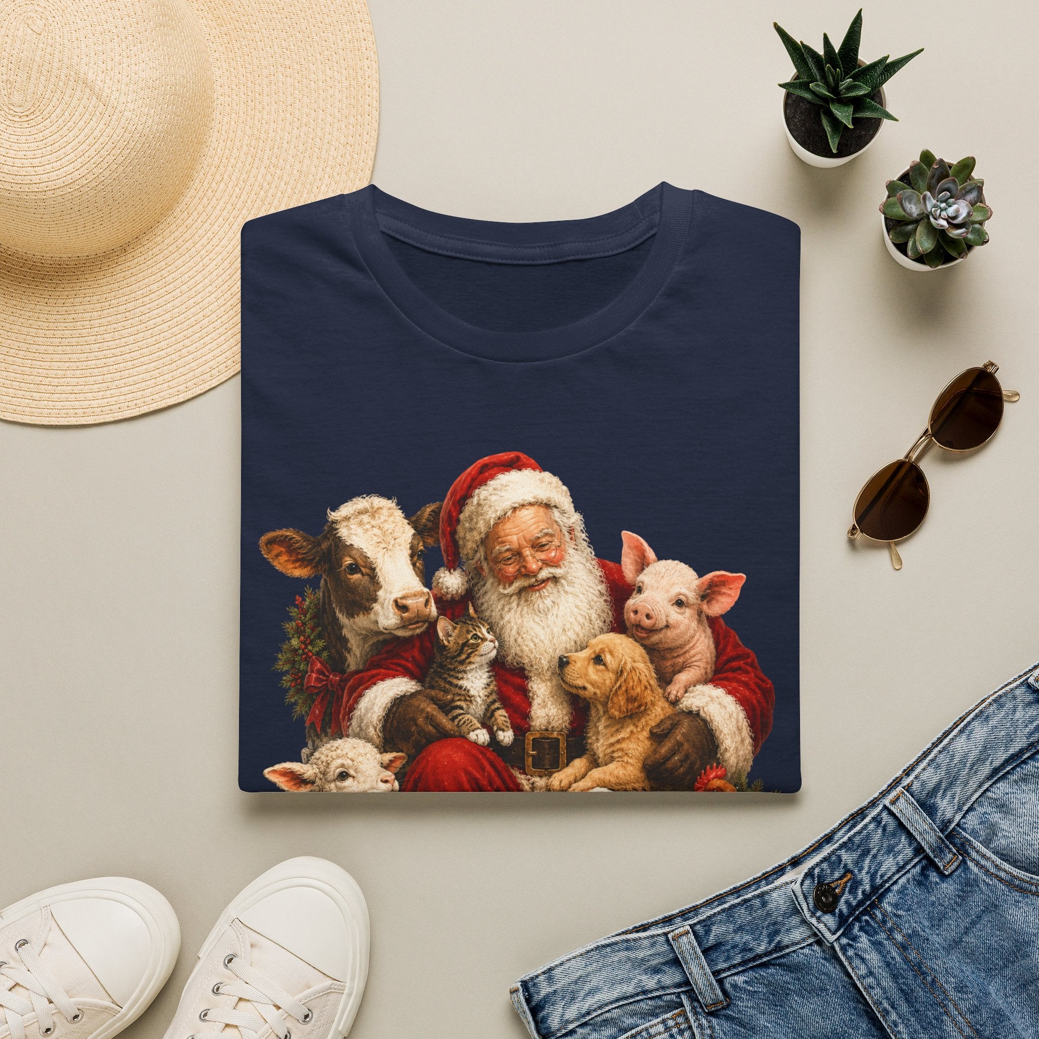 Santa with Farm Animals Christmas T-Shirt