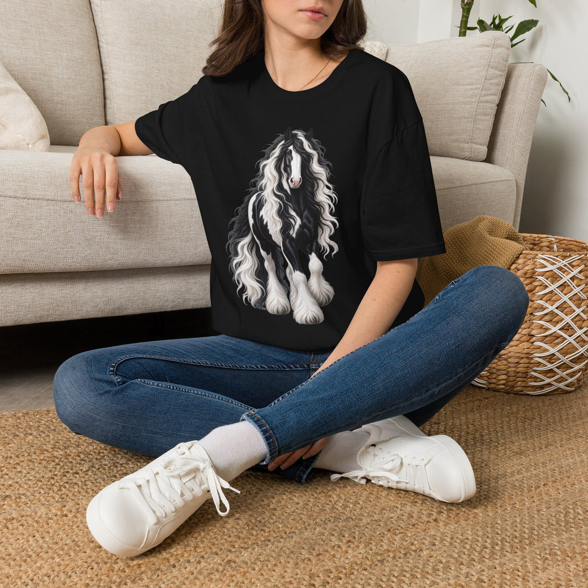 Gypsy Vanner Horse T-Shirt — Black & White Long Mane Pony Tee