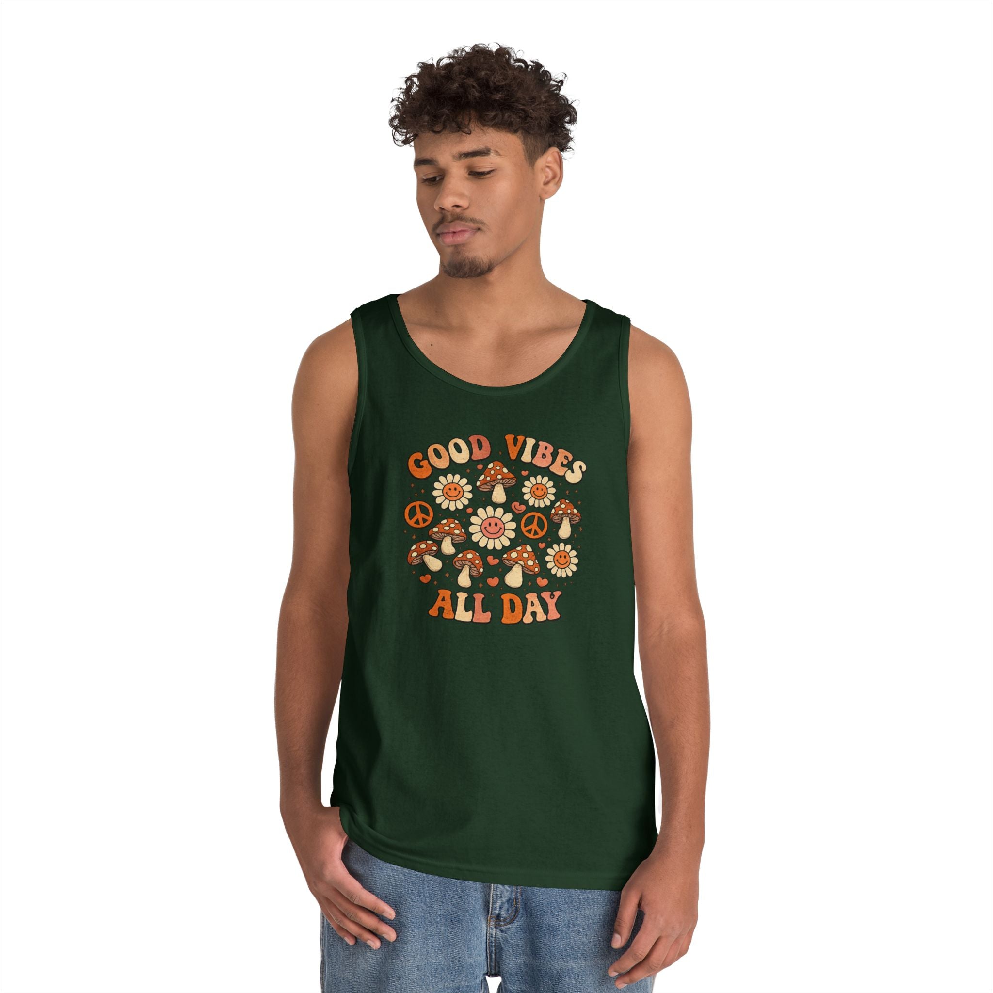 Boho-Good Vibes All Day Tank Top — Retro Mushroom Peace Floral Graphic
