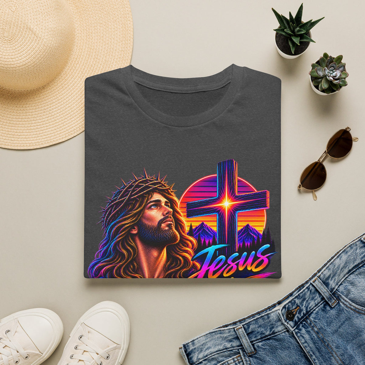 Jesus Is King T‑Shirt — Retro Neon Cross & Christ Portrait