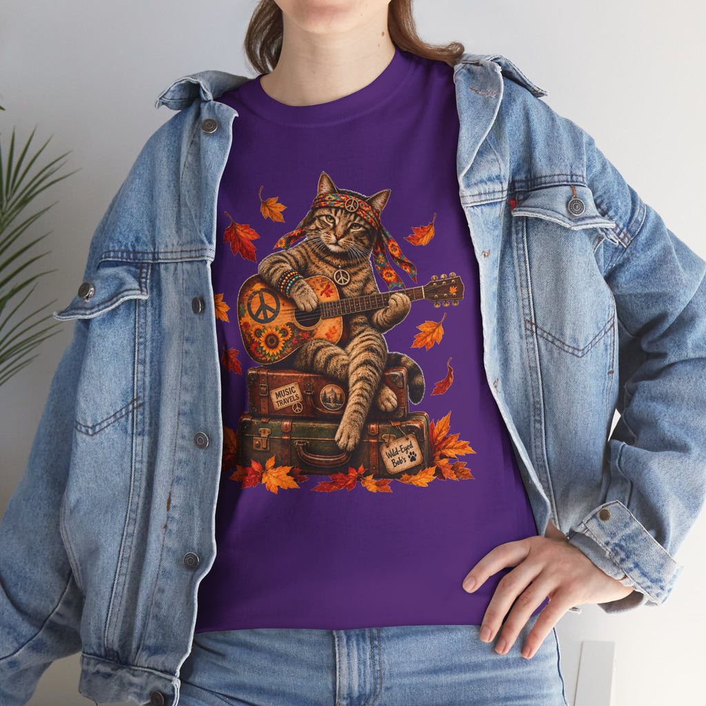 Boho  Cat Guitar T-Shirt - Hippie cat fall shirt, Peace Love Music Tee
