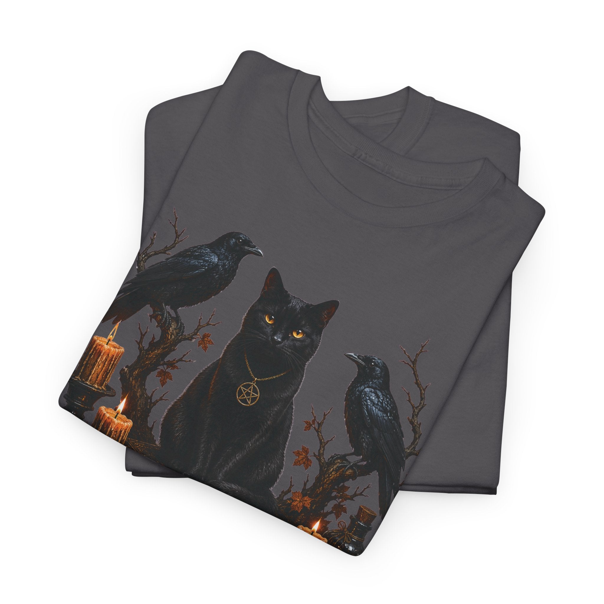 Witchy Black Cat T-Shirt — Candlelit Raven & Grimoire Gothic Tee