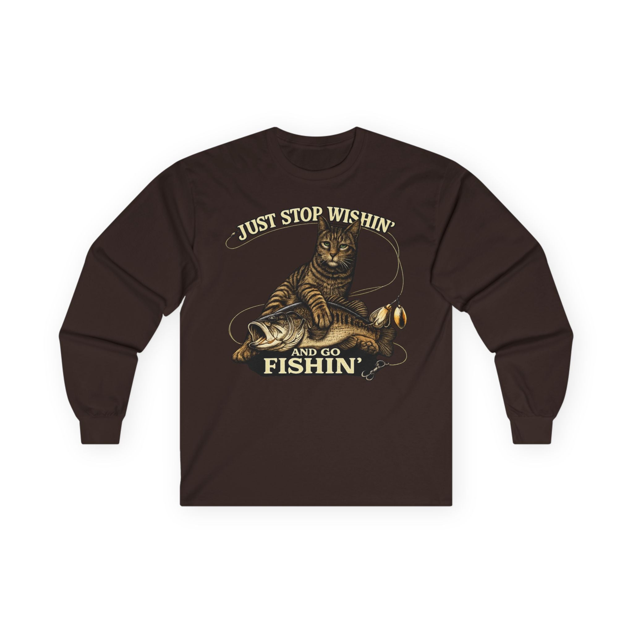 Just Stop Wishin' Fishin' Long Sleeve Tee — Vintage Cat Fishing Graphic