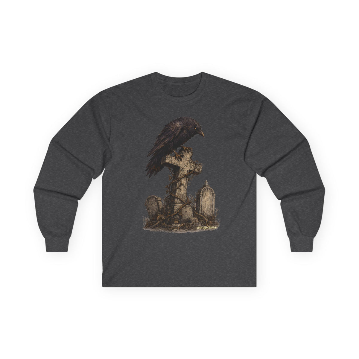 Raven on Gothic Graveyard Cross Long Sleeve Tee-Goth Halloween