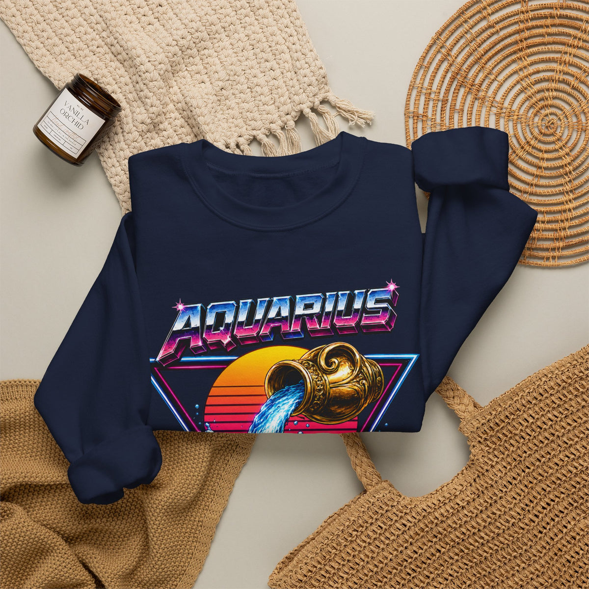 Aquarius Zodiac Crewneck Sweatshirt — Retro Neon Water-Bearer Design