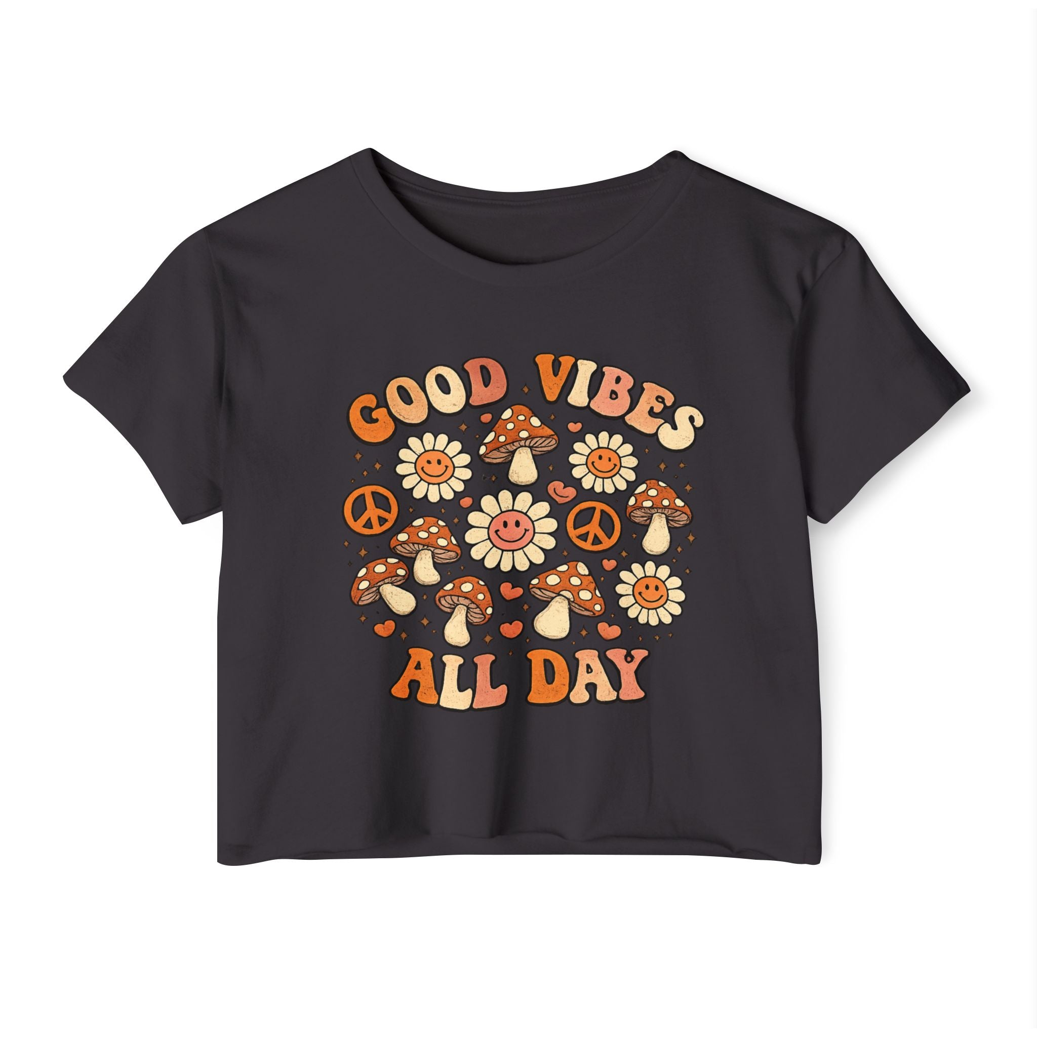 Good Vibes All Day Crop Top — Retro Mushroom & Sun Festival Tee