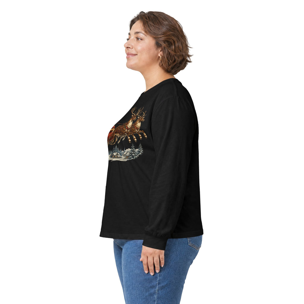Santa Sleigh Long Sleeve Tee — Vintage Christmas Reindeer Shirt