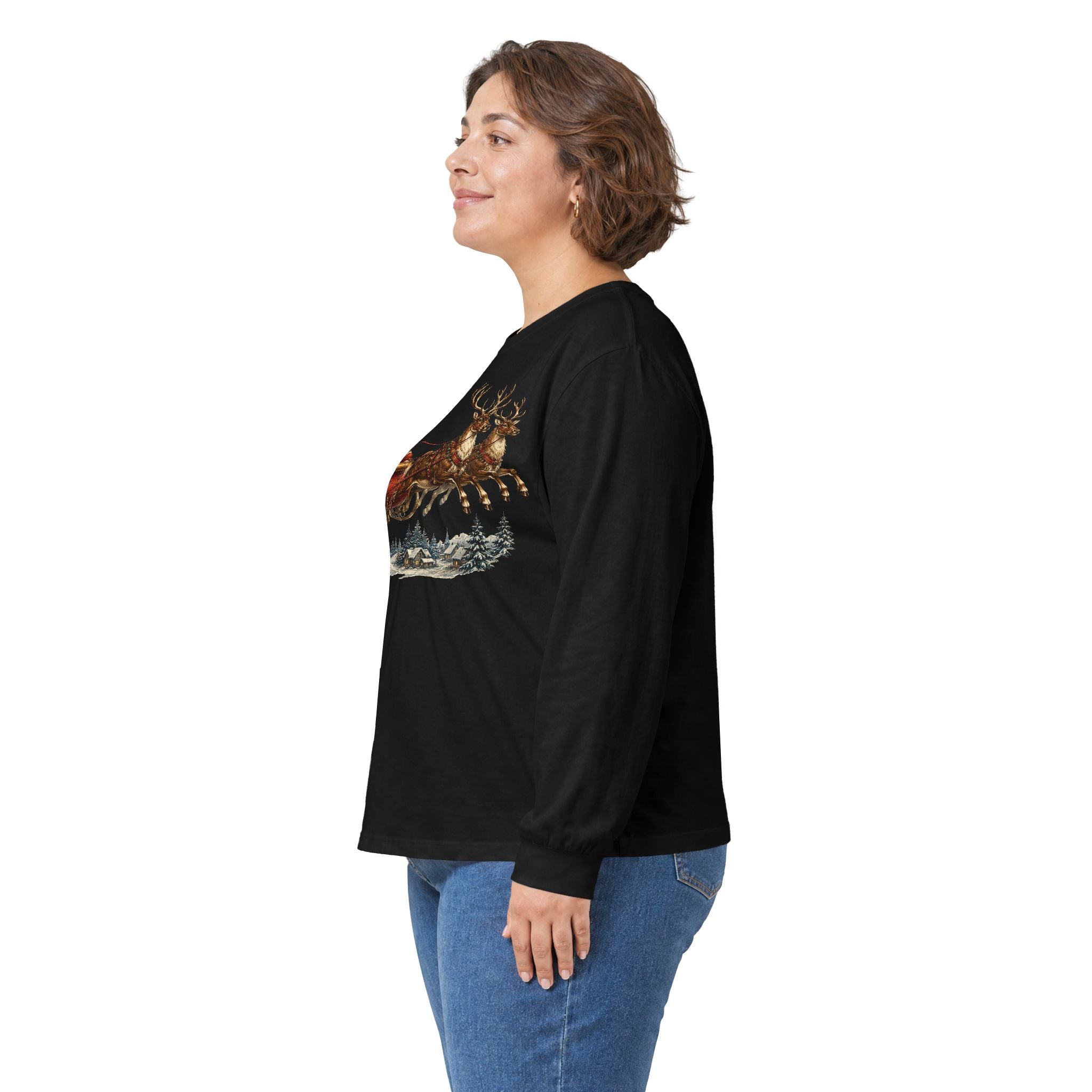 Santa Sleigh Long Sleeve Tee — Vintage Christmas Reindeer Shirt