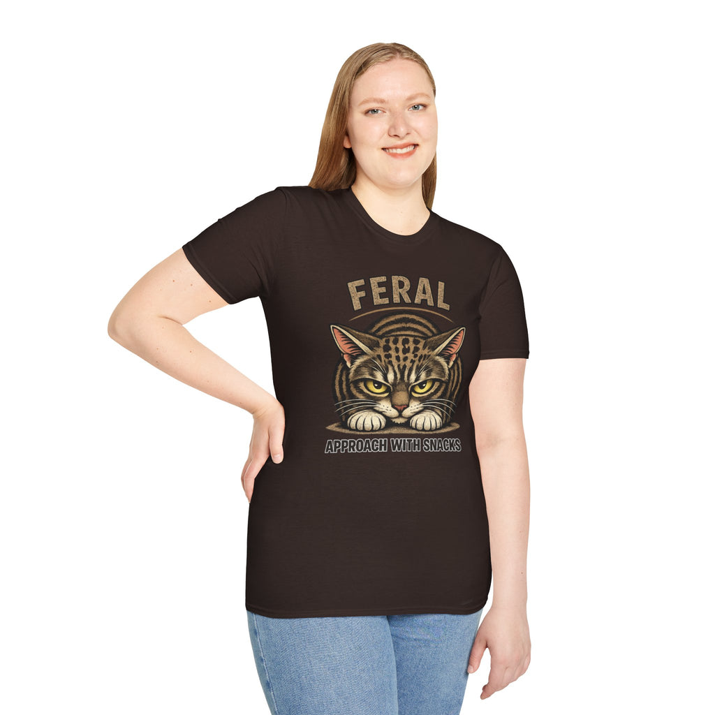Feral Cat T-Shirt — "Feral: Approach With Snacks" Vintage-Style Graphic Tee