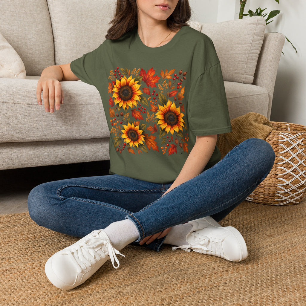 Sunflower & Autumn Leaves T-Shirt — Fall Floral Tee