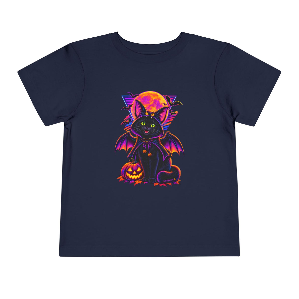 Toddler Tee — Neon Halloween Bat Cat with Pumpkin Graphic