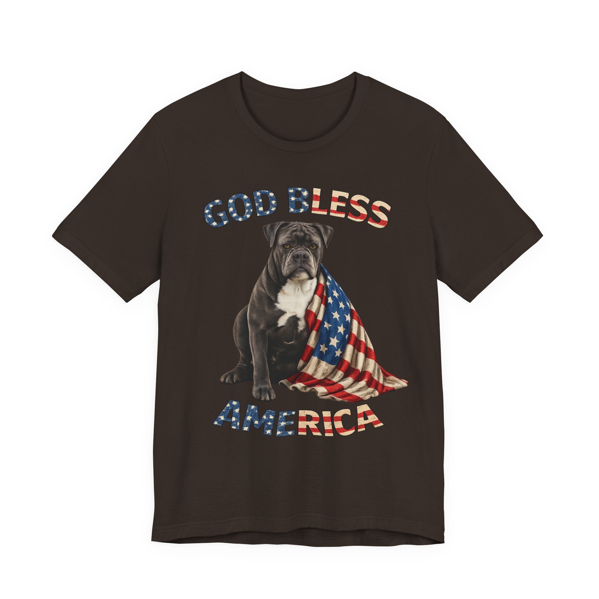 Patriotic Bulldog Tee – "God Bless America" USA Flag Dog T-Shirt