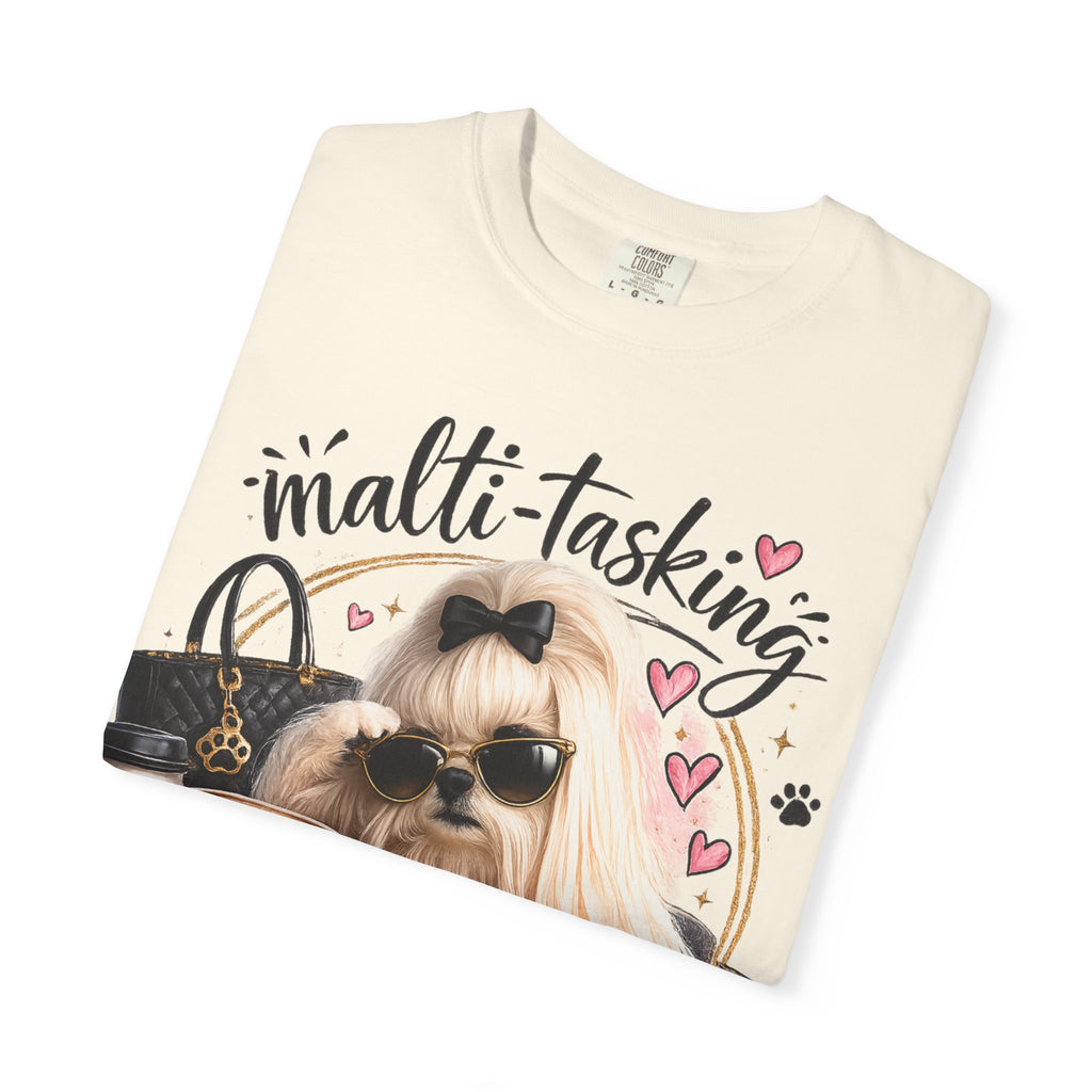 Multi-Tasking Mom T-Shirt – Cute Maltese Dog with Coffee & Handbag Graphic