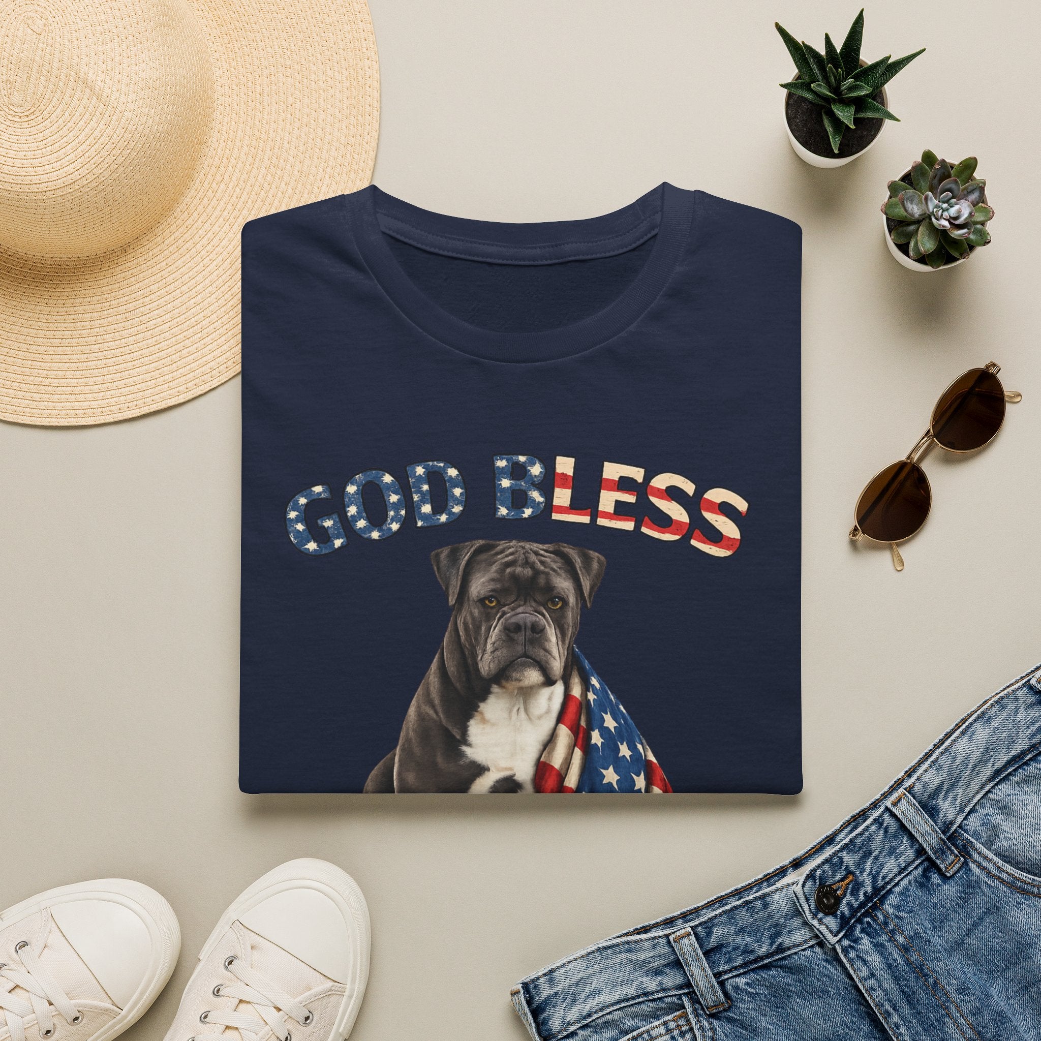 God Bless America Bulldog T-Shirt — Patriotic USA Flag Pup Tee