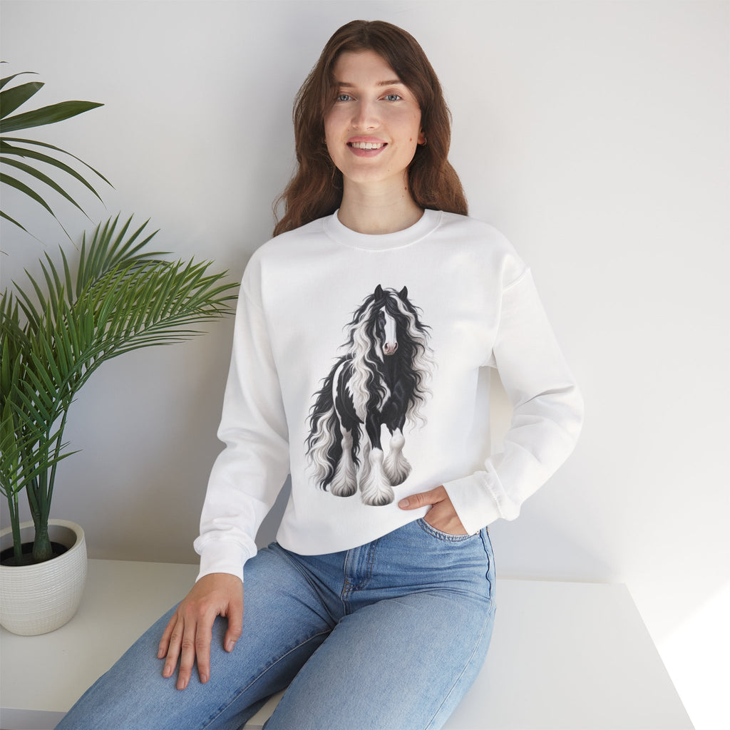Gypsy Vanner Horse Crewneck Sweatshirt — Black & White Fluffy Pony Graphic