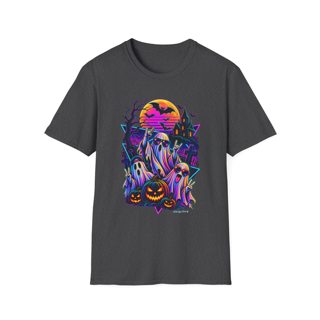 Halloween Neon Ghost T-Shirt — Retro Haunted House Pumpkin Design