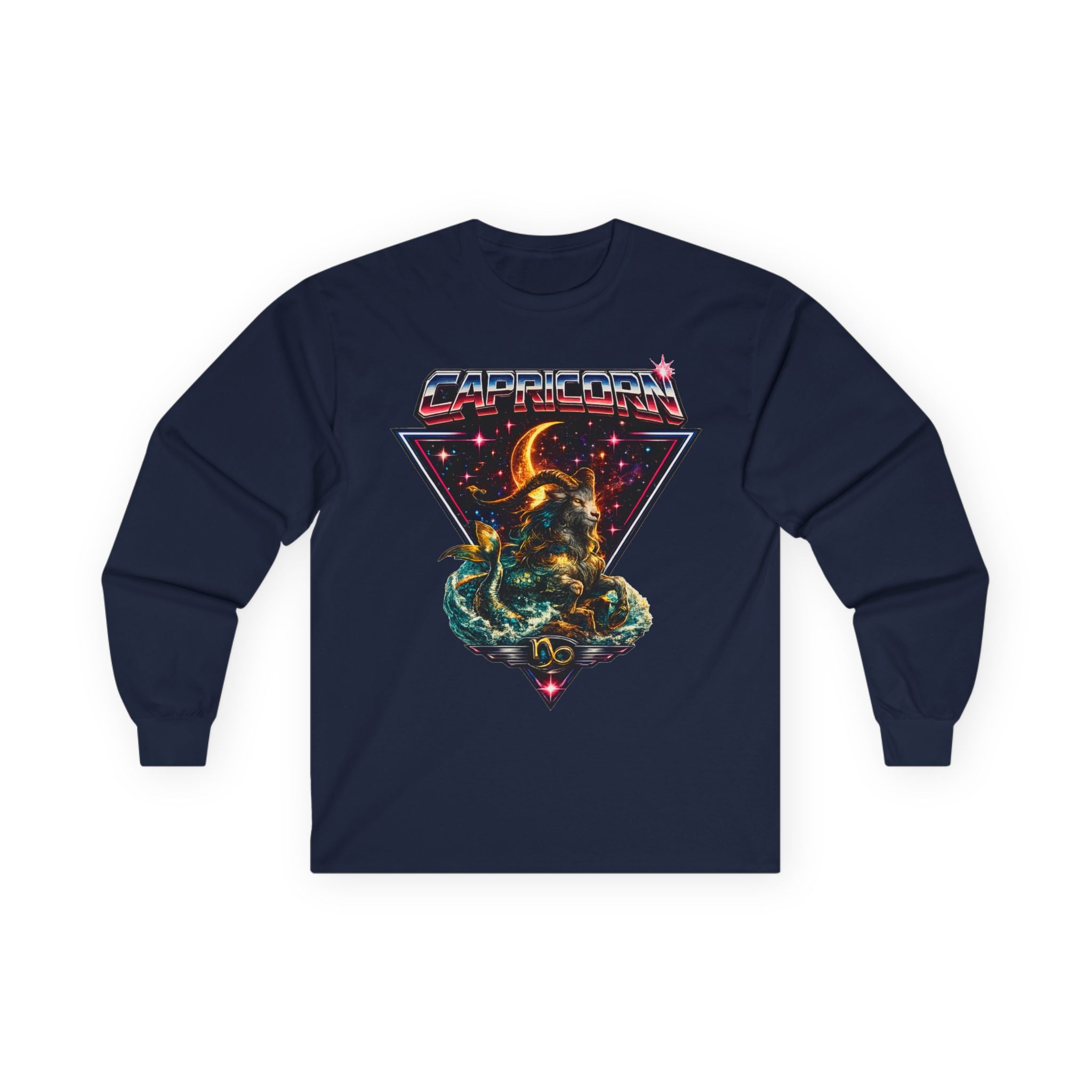 Capricorn Retro Zodiac Long Sleeve Tee-Vintage 80s Celestial Sea-Goat Design
