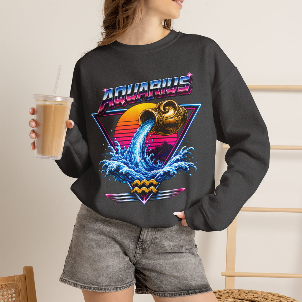Aquarius Zodiac Crewneck Sweatshirt — Retro Neon Water-Bearer Design