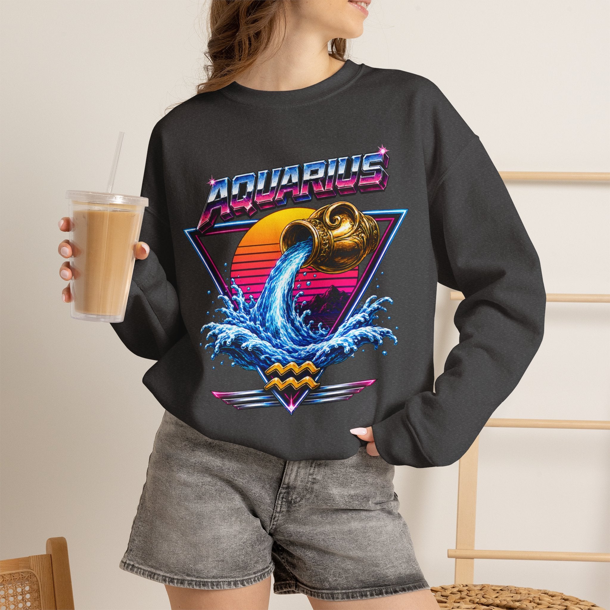 Aquarius Zodiac Crewneck Sweatshirt — Retro Neon Water-Bearer Design