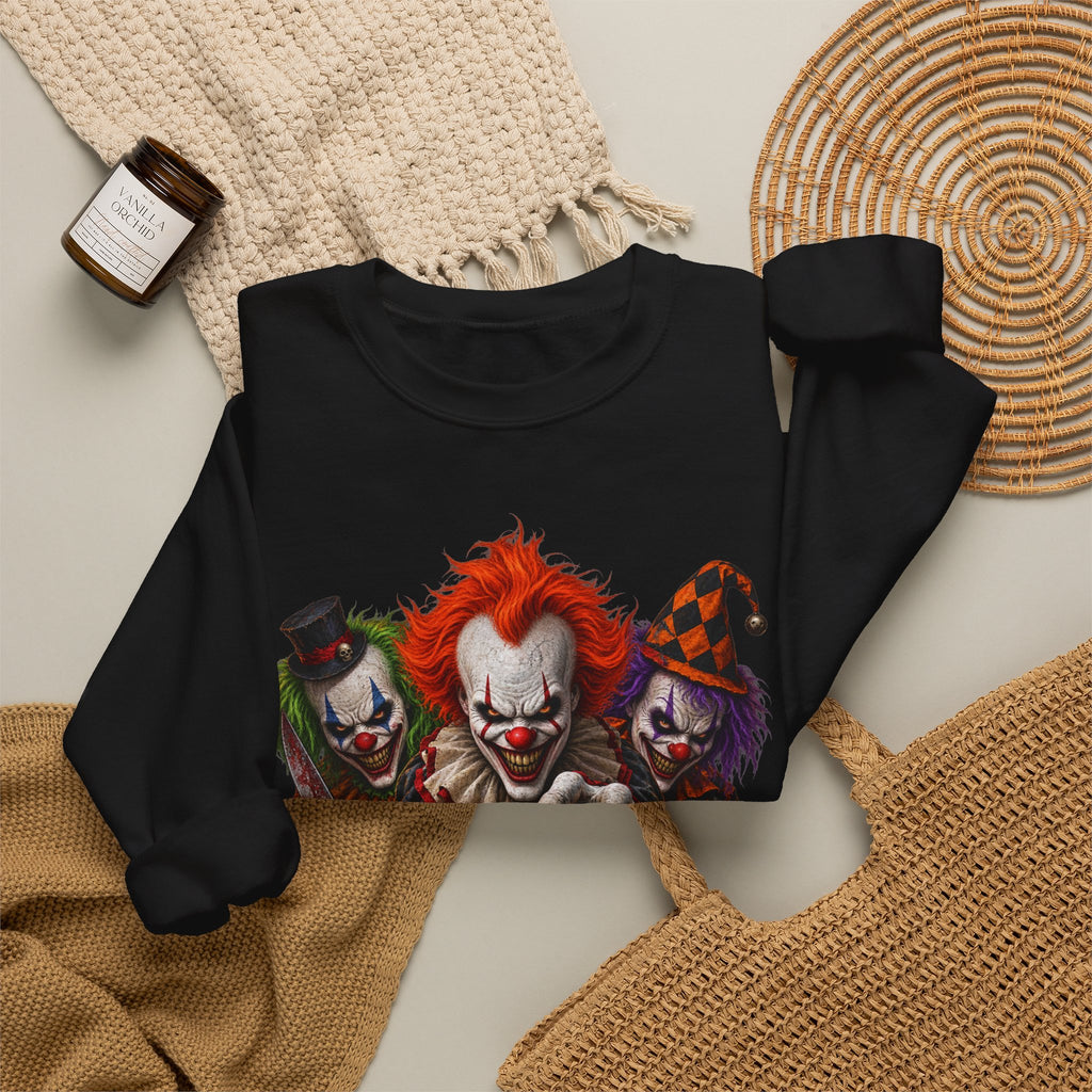 Creepy Clown Halloween Sweatshirt — Scary Trio with Jack-O'-Lantern