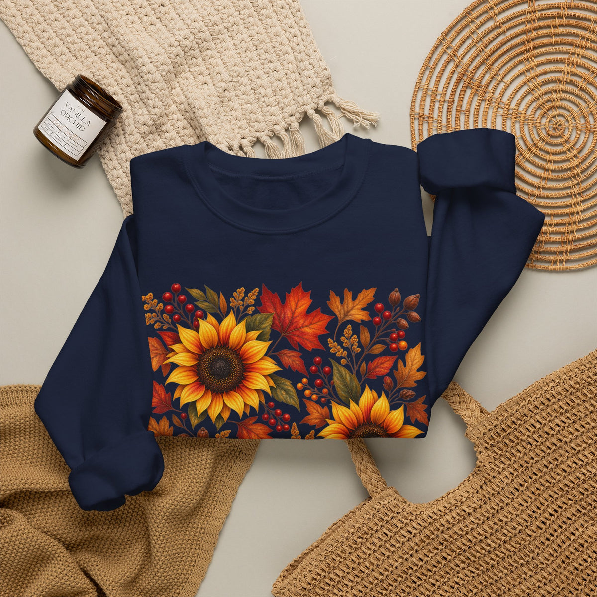 Sunflower Fall Sweatshirt - Autumn Leaves Crewneck for Women & Men