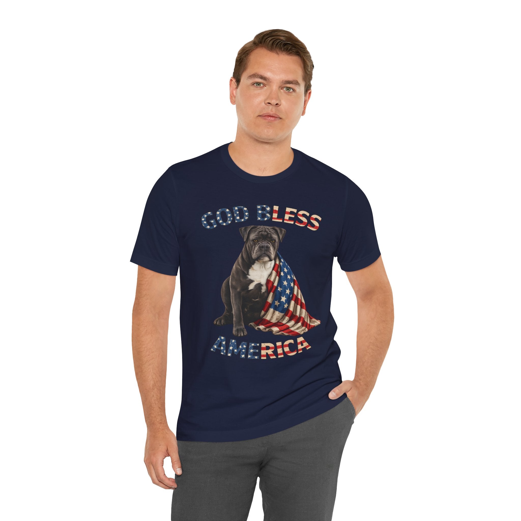 Patriotic Bulldog Tee – "God Bless America" USA Flag Dog T-Shirt