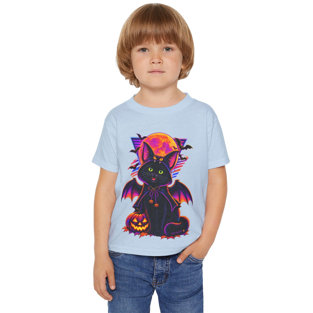Toddler Halloween Bat Cat T-Shirt — Cute Black Cat with Pumpkin & Full Moon