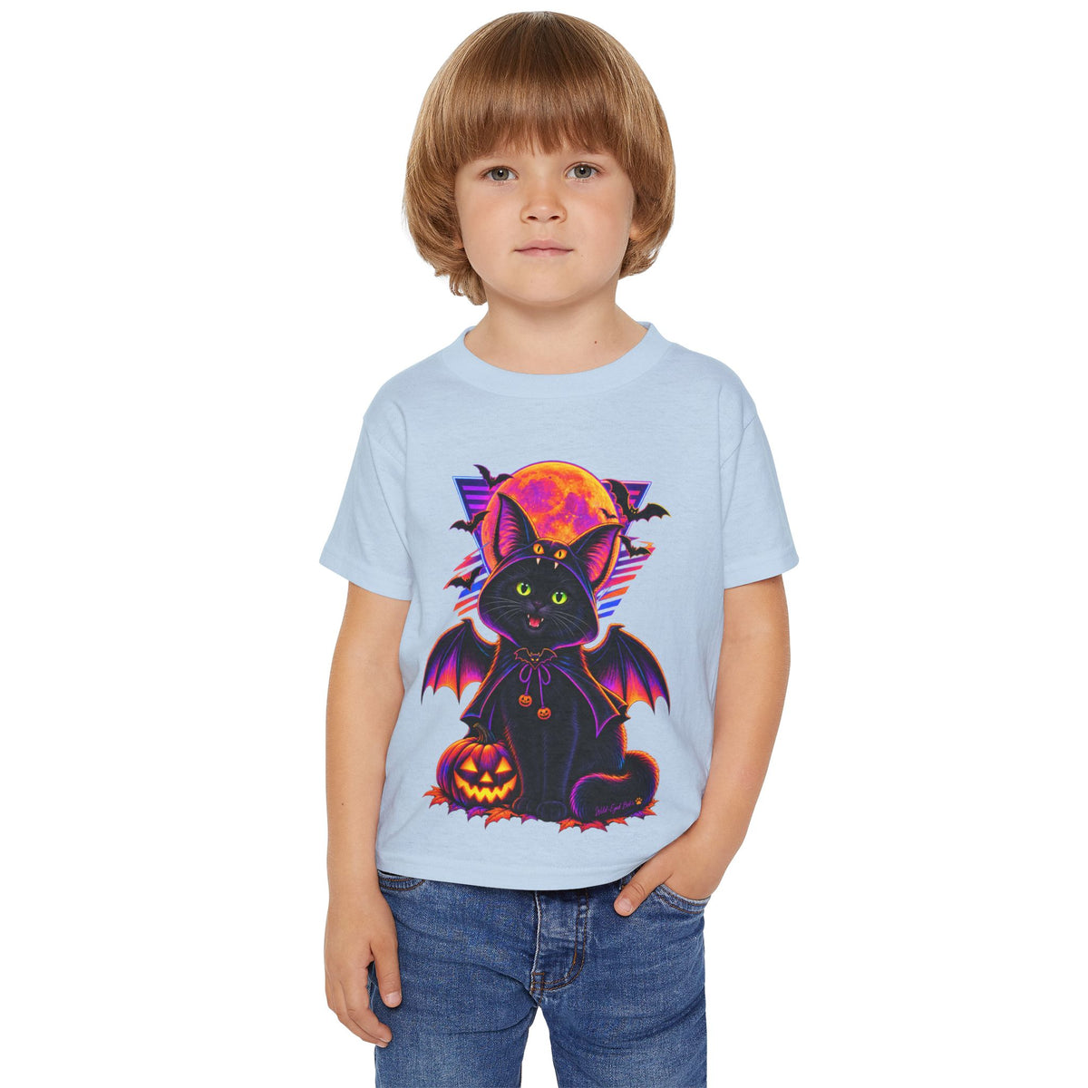Toddler Halloween Bat Cat T-Shirt — Cute Black Cat with Pumpkin & Full Moon