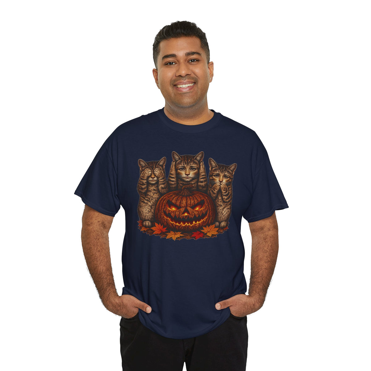 Halloween Cats T-Shirt — Trio of Kittens with Jack-O'-Lantern Fall Tee