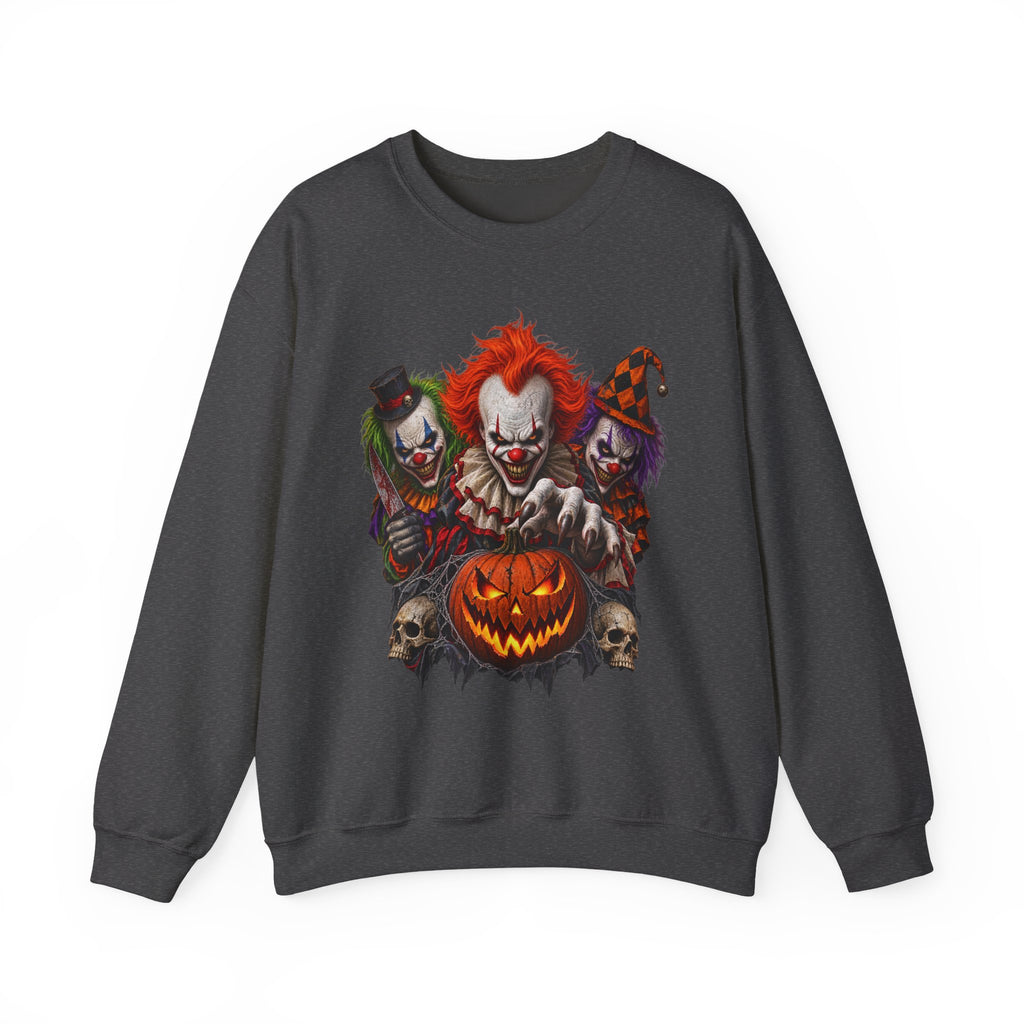 Creepy Clown Halloween Sweatshirt — Scary Trio with Jack-O'-Lantern