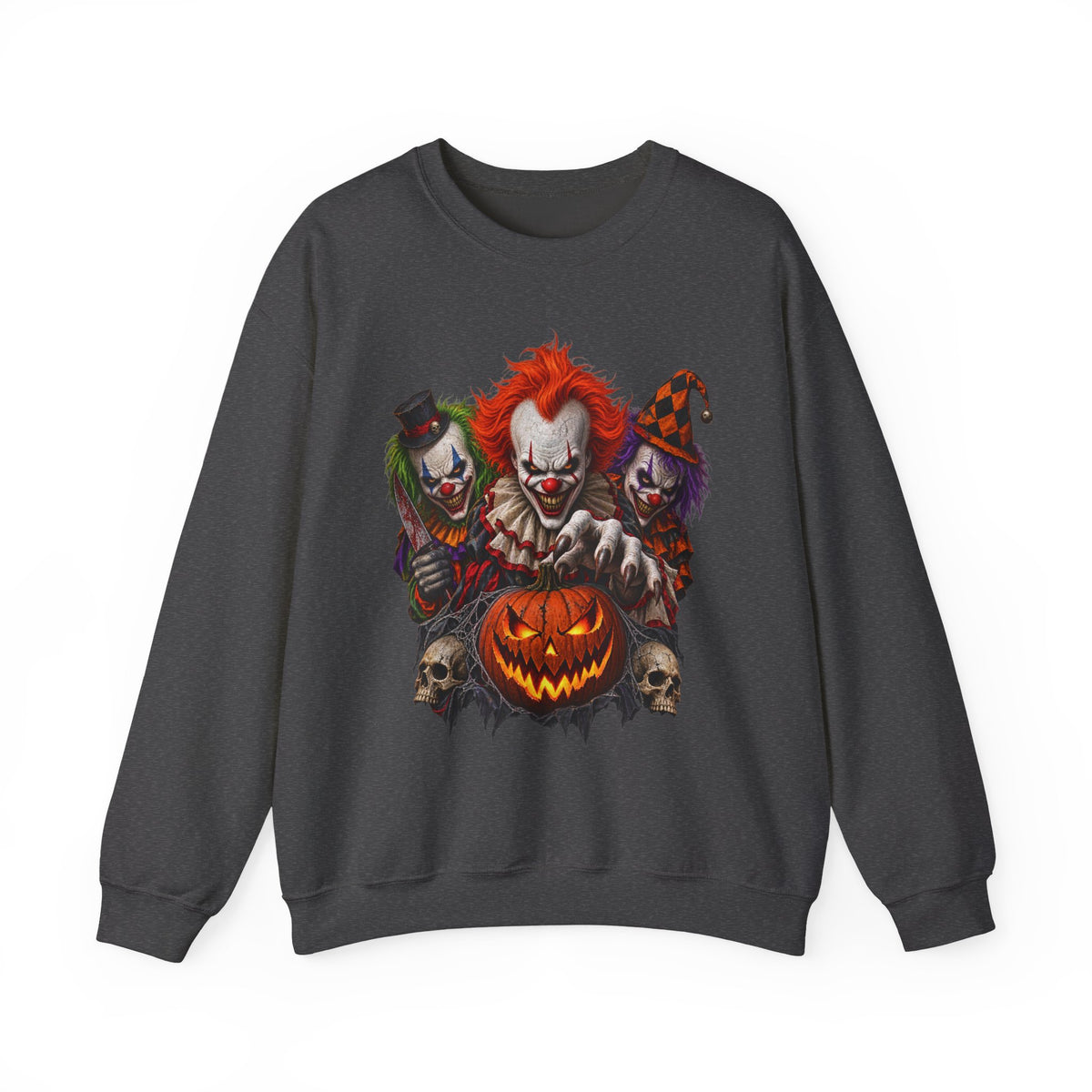 Creepy Clown Halloween Sweatshirt — Scary Trio with Jack-O'-Lantern