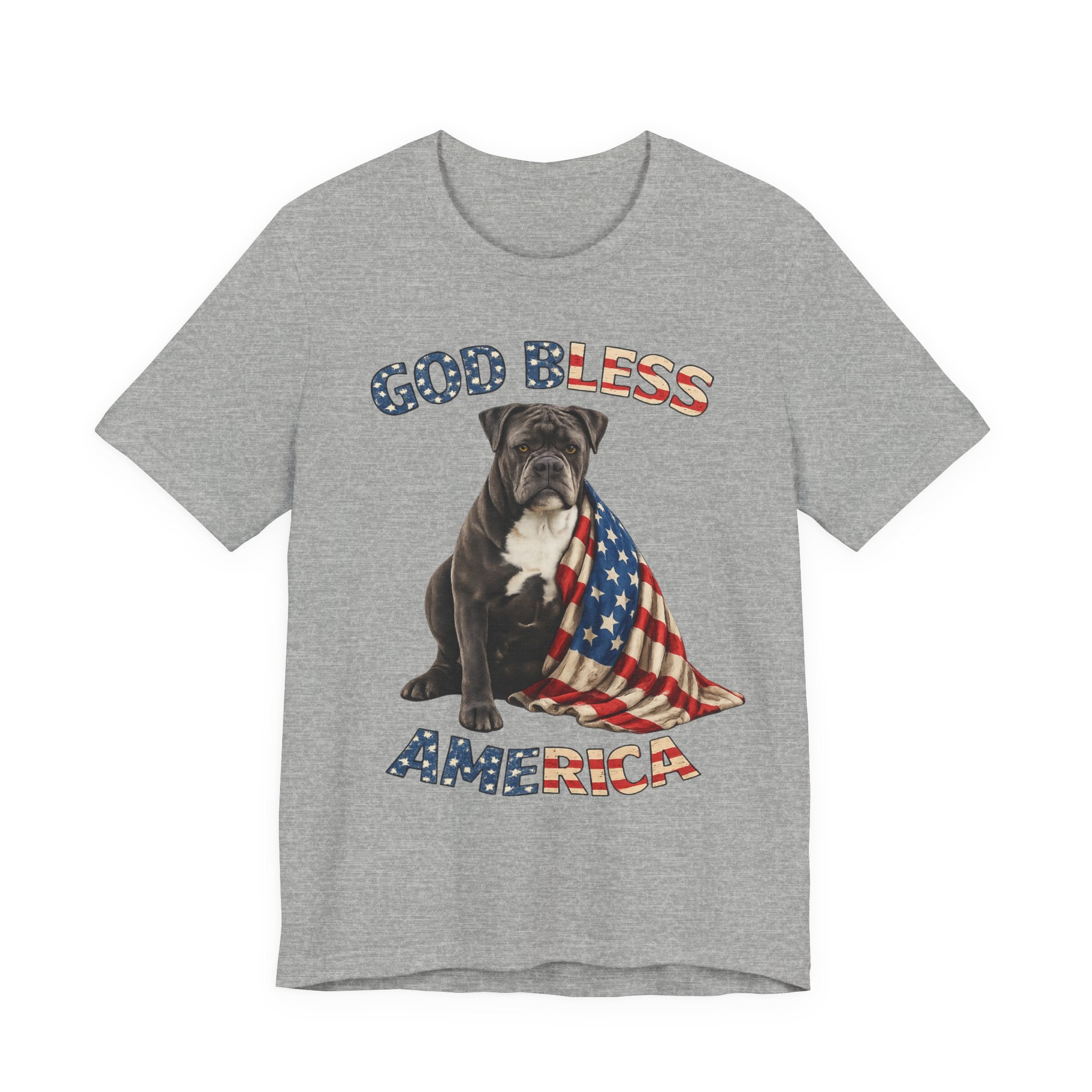 Patriotic Bulldog Tee – "God Bless America" USA Flag Dog T-Shirt