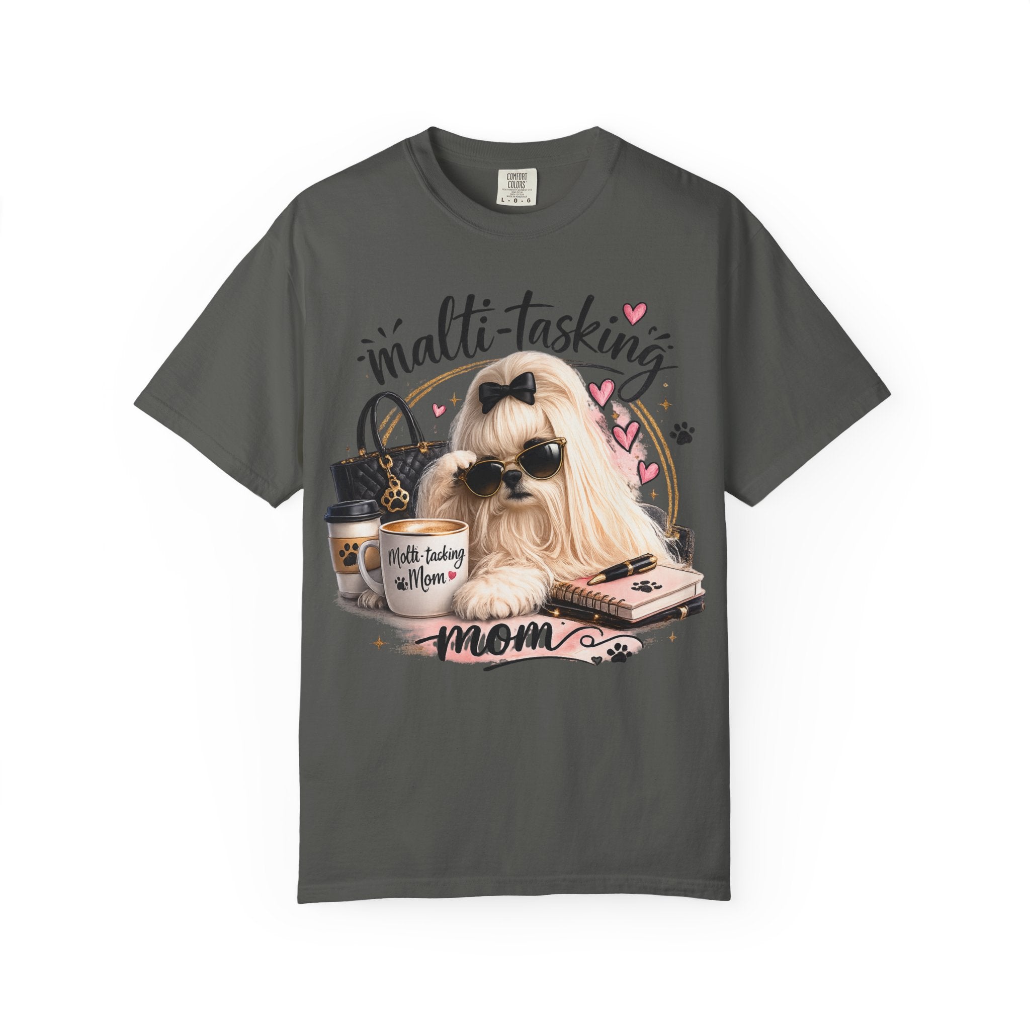 Multi-Tasking Mom T-Shirt – Cute Maltese Dog with Coffee & Handbag Graphic