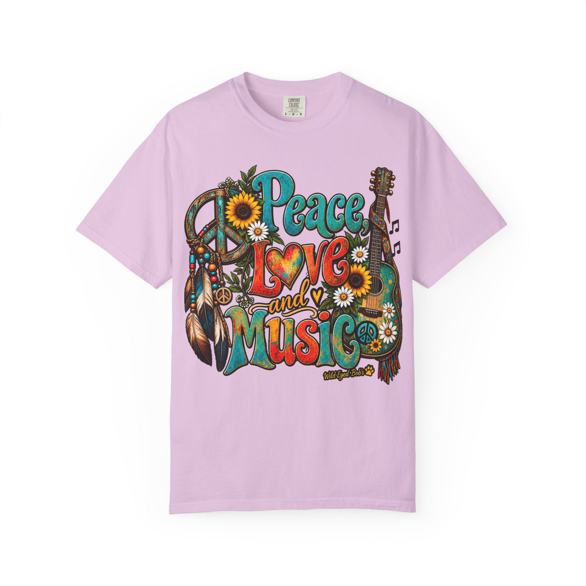 Peace, Love & Music Graphic T-Shirt — Retro Hippie Guitar Sunflower Tee