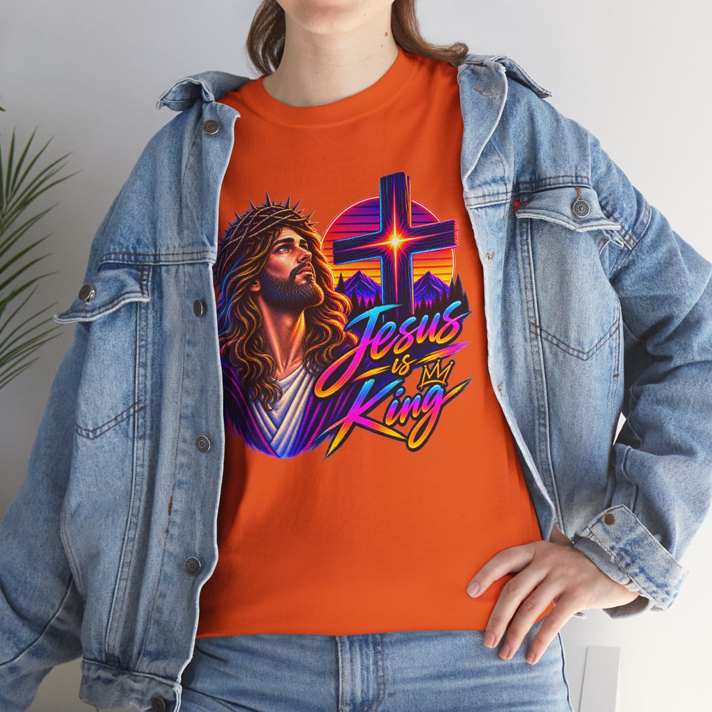 Jesus Is King T-Shirt — Neon Portrait Cross Christian Tee