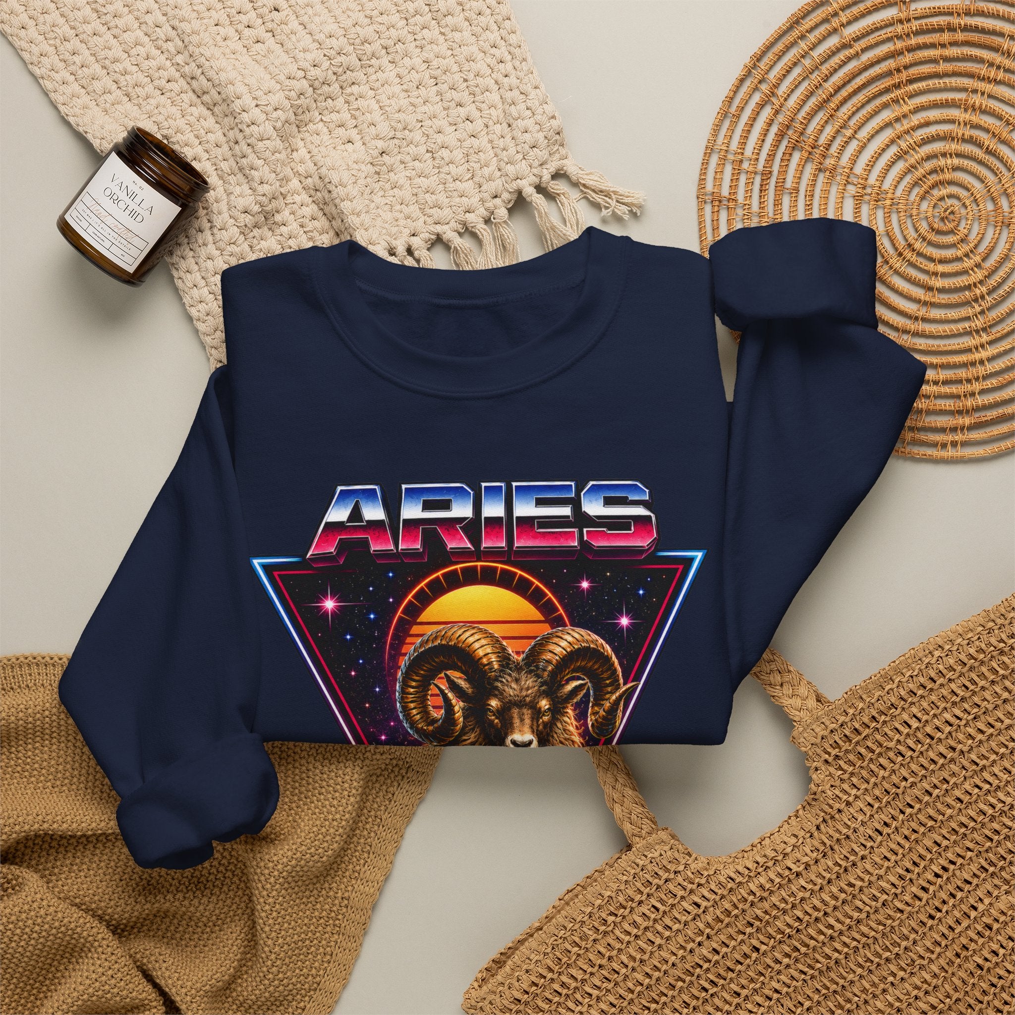 Aries Zodiac Crewneck Sweatshirt — 80s Retro Ram Astrology Graphic