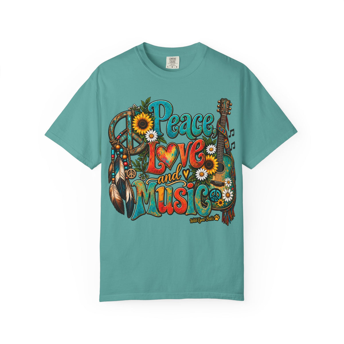 Peace, Love & Music Graphic T-Shirt — Retro Hippie Guitar Sunflower Tee