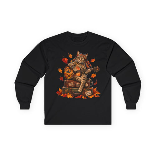Boho Cat Guitar T- Shirt - Hippie Cat Fall Shirt, Peace Love Music tee