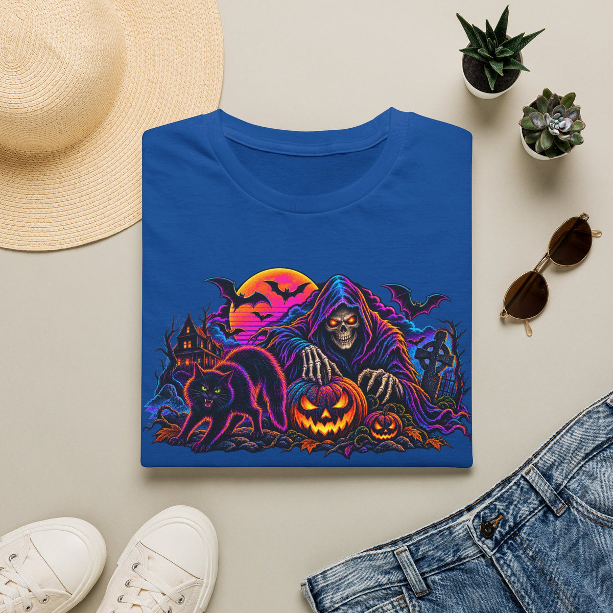 Halloween Grim Reaper T-Shirt — Pumpkin, Bats & Haunted Night Graphic Tee